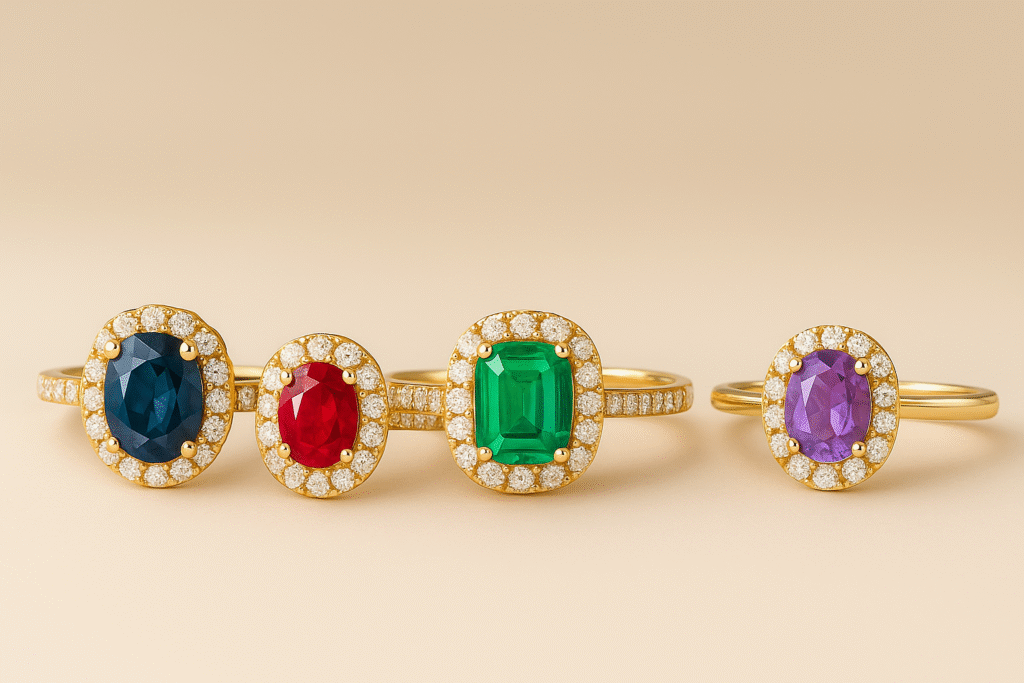 Pierścionki zaręczynowe z szafirem, rubinem, szmaragdem i ametystem w złotej oprawie