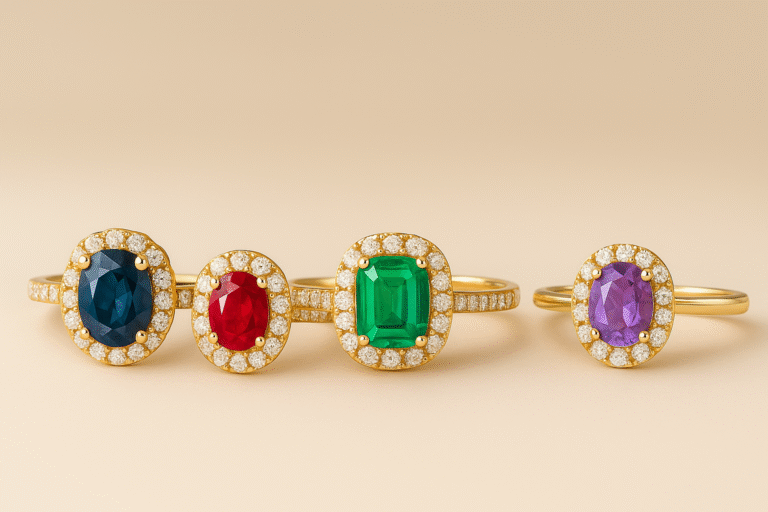 Pierścionki zaręczynowe z szafirem, rubinem, szmaragdem i ametystem w złotej oprawie