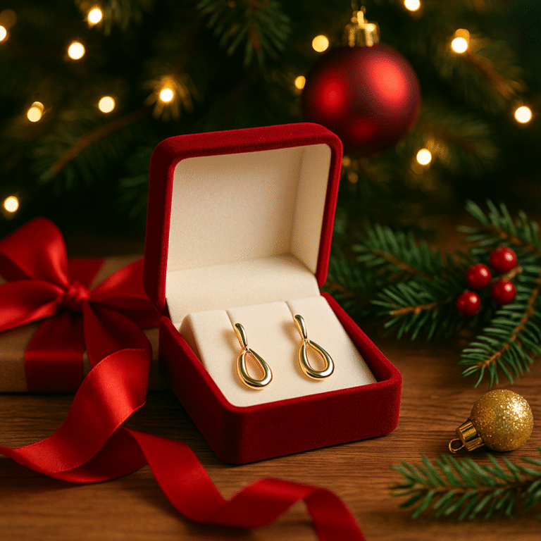 Złote kolczyki w czerwonym pudełku na tle choinki – biżuteria jako prezent pod choinkę