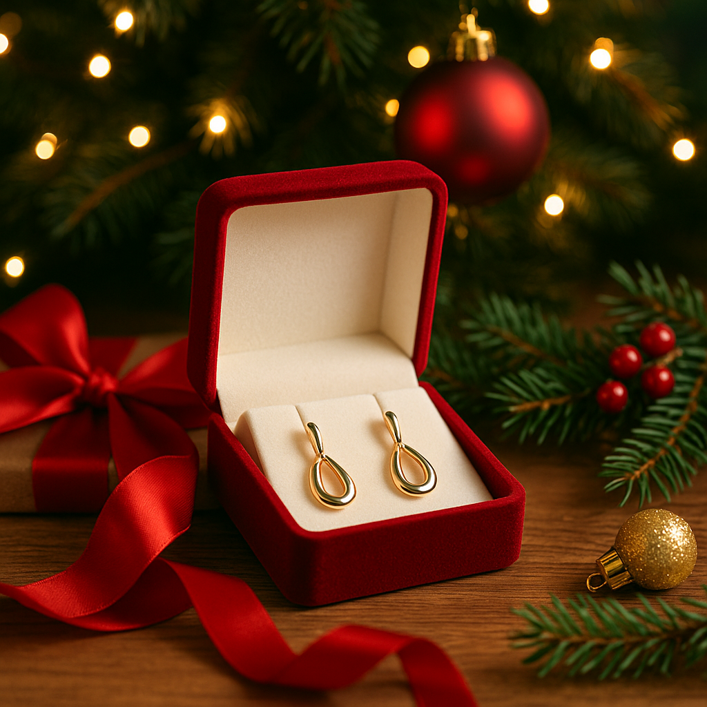 Złote kolczyki w czerwonym pudełku na tle choinki – biżuteria jako prezent pod choinkę