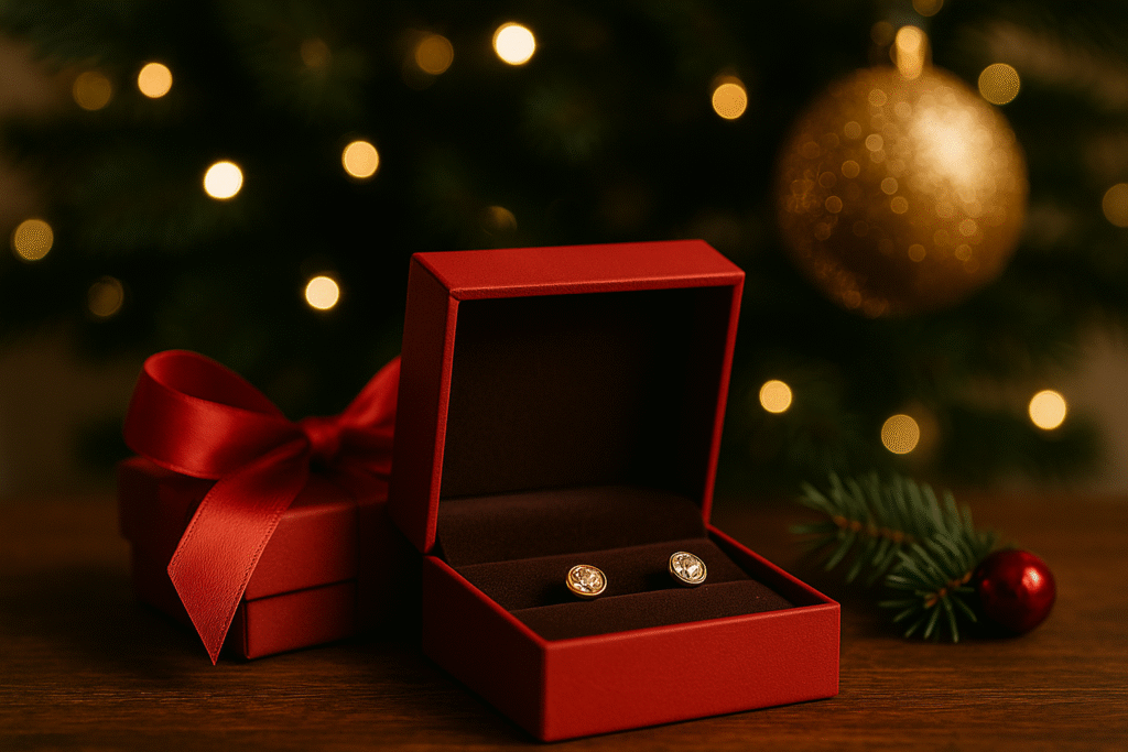 Biżuteria świąteczna – złote kolczyki w czerwonym pudełku pod choinkę