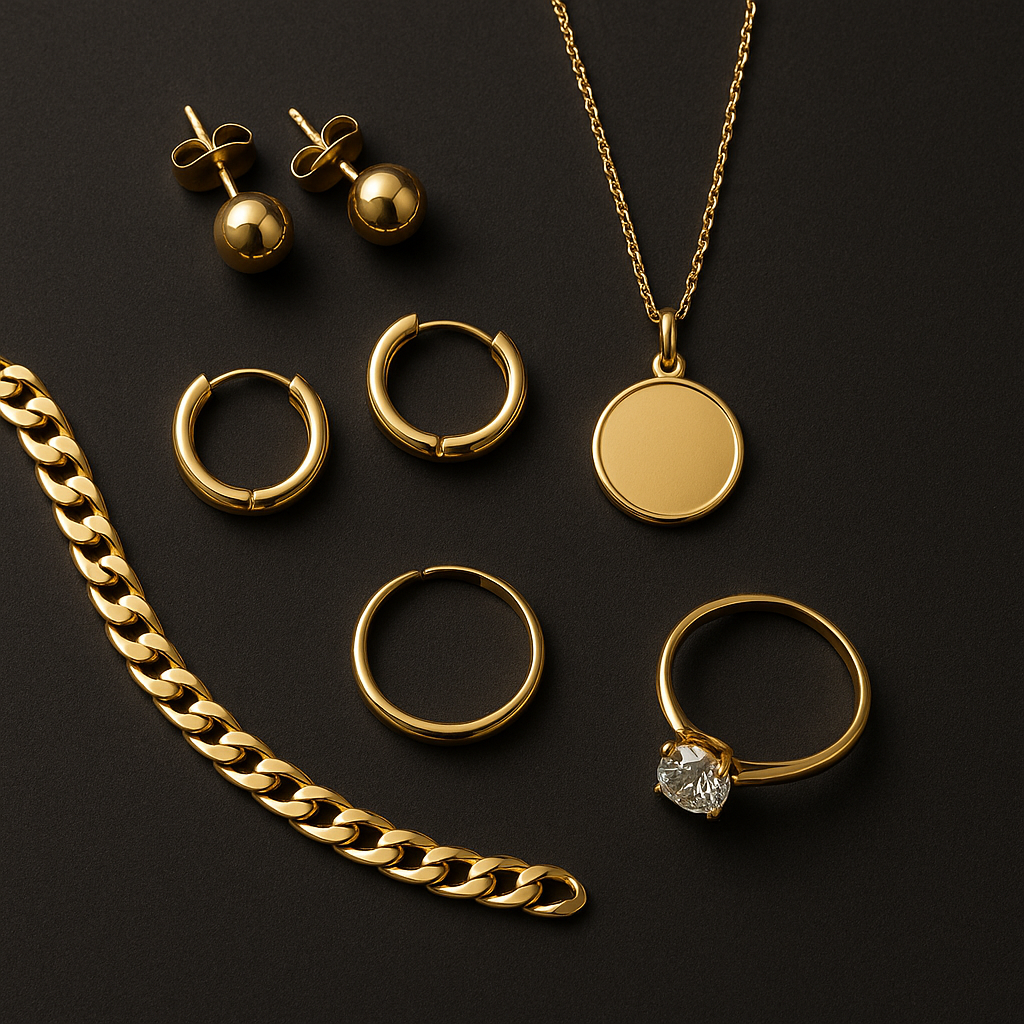 Zestaw złotej biżuterii – kolczyki, pierścionek, bransoletka i naszyjnik na ciemnym tle